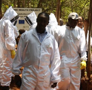 Chege '09 suited up to visit a bee research center run by the Institute for Insect Physiology and Ecology in Karura Forest, Nairobi, Kenya.
