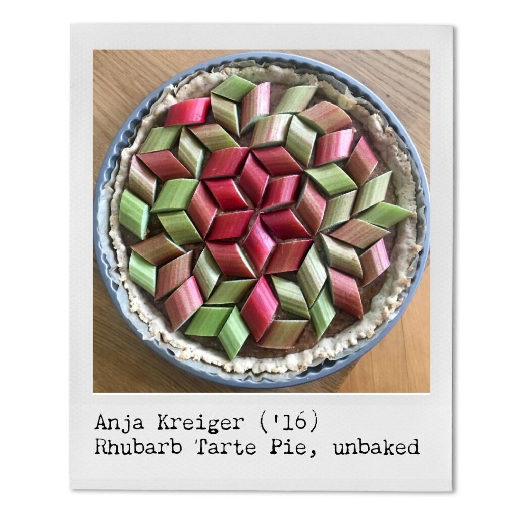 Anja Kreiger ('16). Phubarb Tarte Pie, unbaked. Pieces of rhubarb cut at a slant decorate the top of this pie, Anja has arranged the pieces to create a satisfying repeating geometric pattern. 