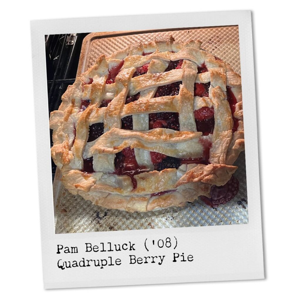 Pam Belluck ('08) Quadruple Berry Pie. Fresh out of the oven, this pie is filled with reddish and purplish berries. The crust is made of strips of pastry in grid lines.